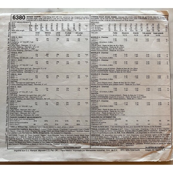 Vintage McCall's Pattern 6380 Women's Short & Long Sleeve Shirts Size XL 20-22 - Picture 2 of 4